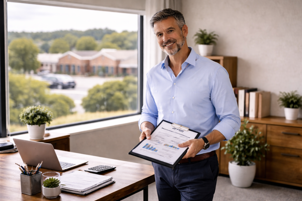 Property management business owner standing in suburban office reviewing financial documents and preparing for business sale or exit planning.