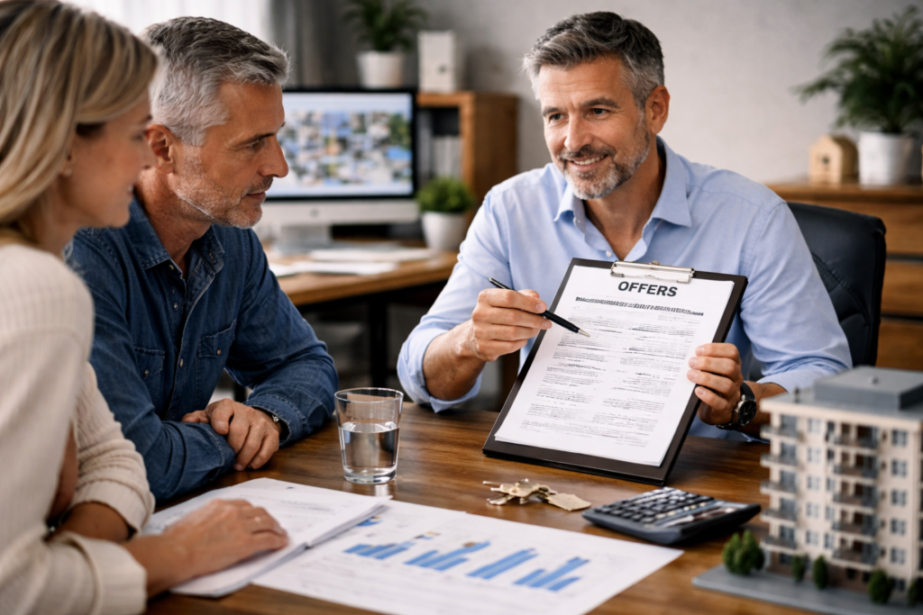 Property management business owner reviewing multiple purchase offers with buyers during a confidential business sale meeting.