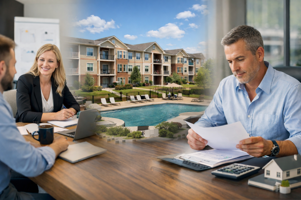 Property management business owner reviewing financial documents with apartment portfolio and team meeting in background.