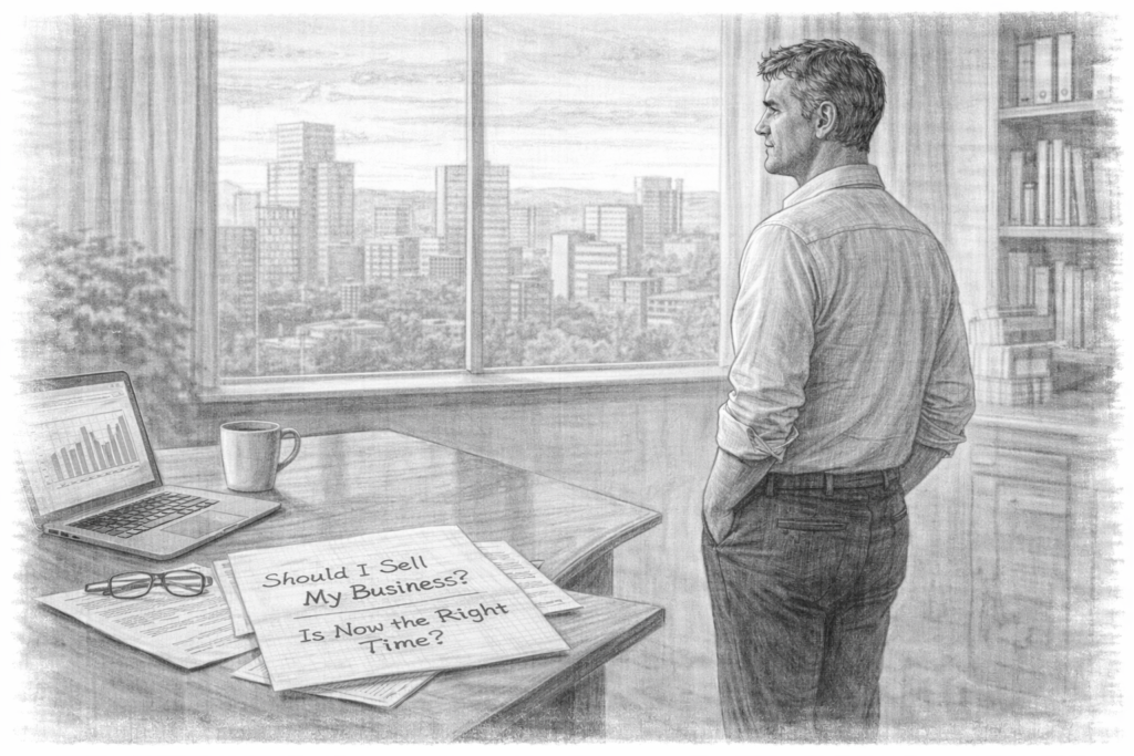 Property management business owner reviewing financial reports while considering selling the business.