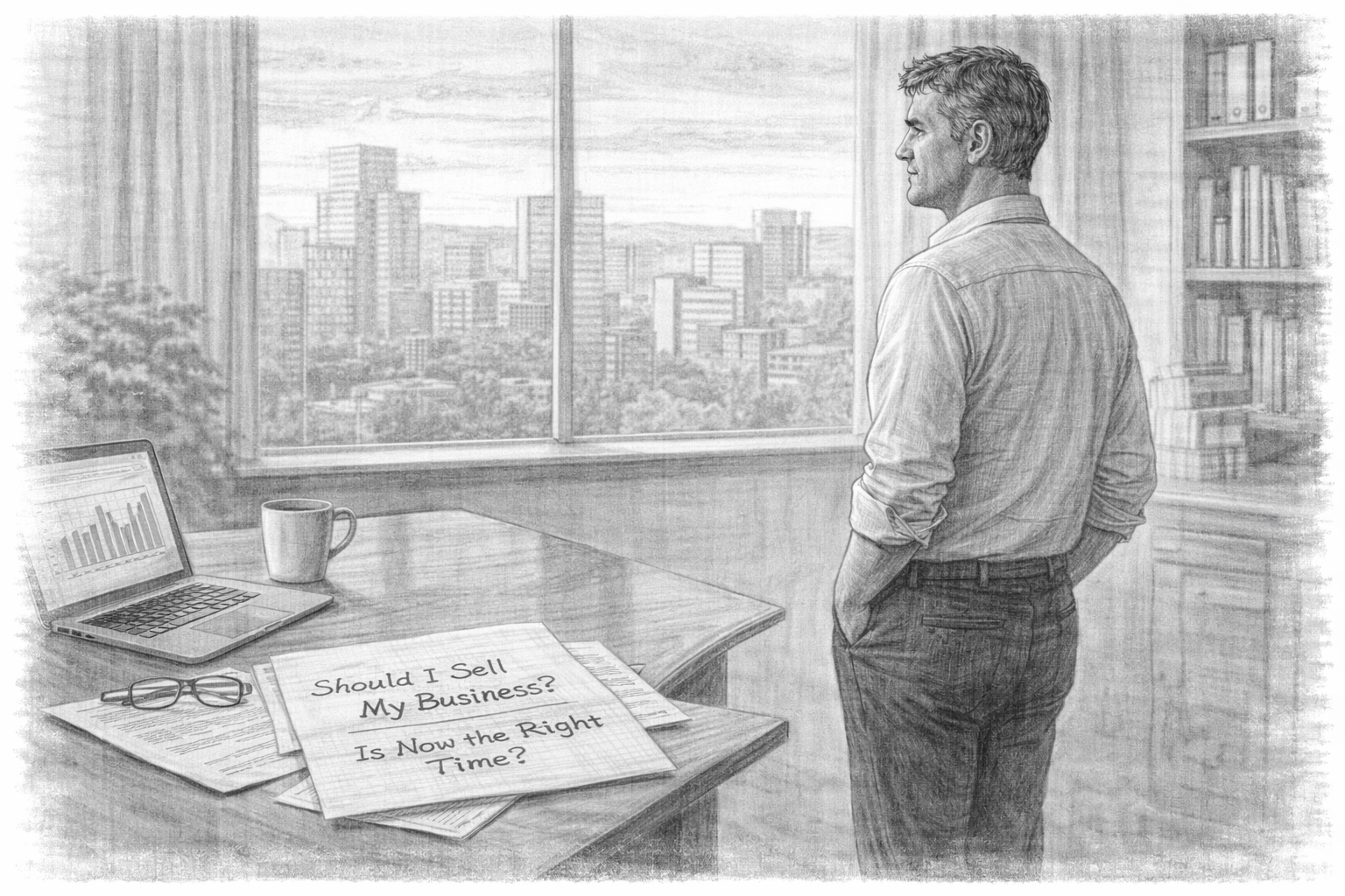 Property management business owner reviewing financial reports while considering selling the business.