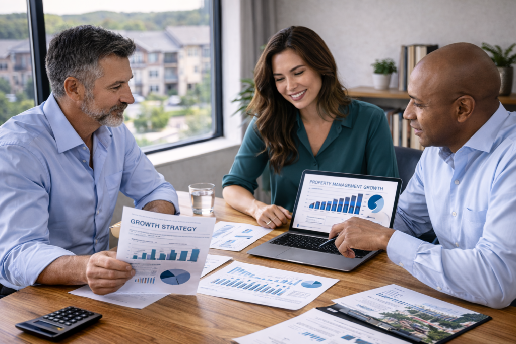 Property management professionals reviewing growth strategy and financial performance charts during a business planning meeting.