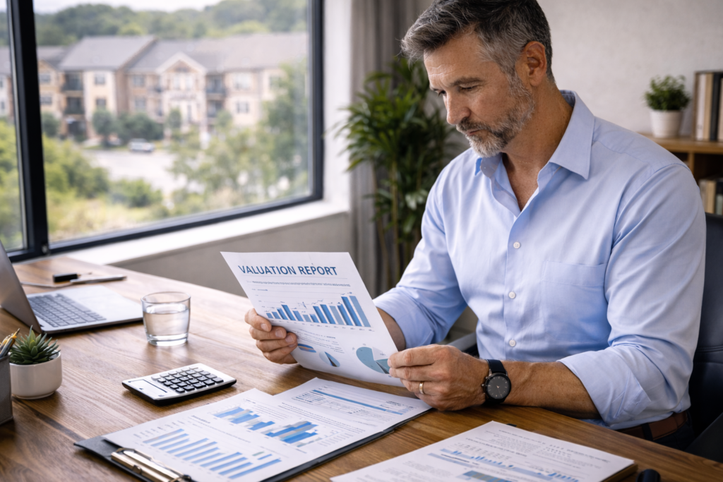 Property management business owner reviewing valuation report and financial performance charts in office.
