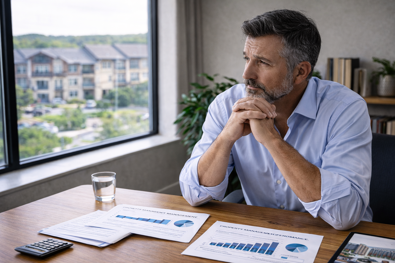 Property management business owner reviewing financial reports and thinking about exit planning in office.