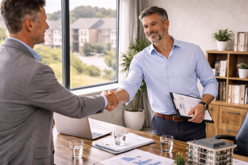 Property management business owner shaking hands with buyer after agreeing to sale in suburban office.